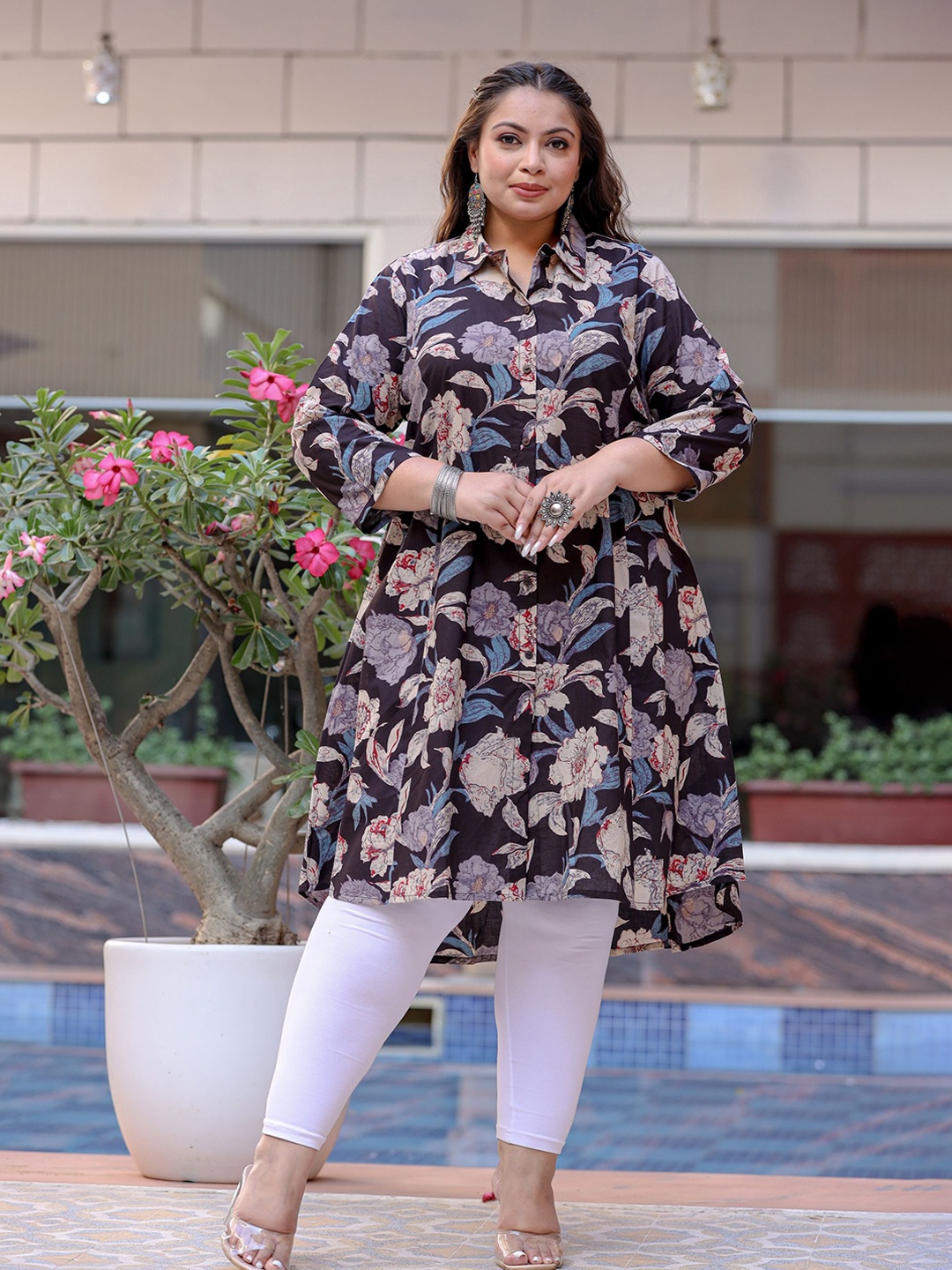 KAAJH Plus Size Floral Printed Spread Collar A-Line Kurta, Black