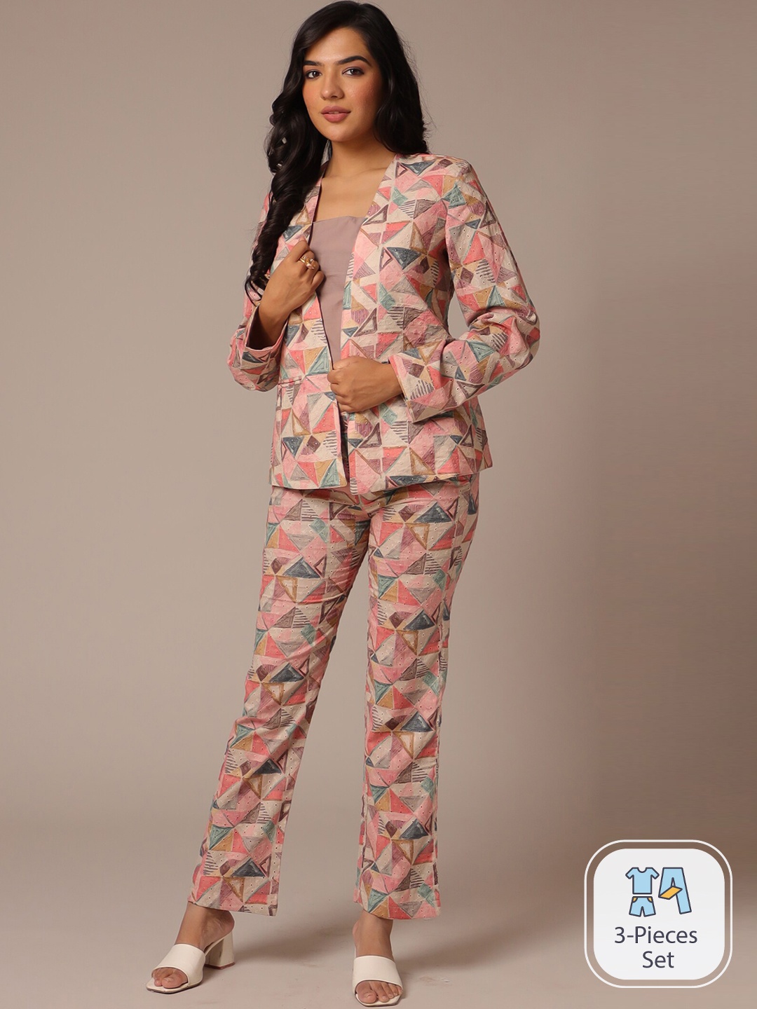 

ZARI Embroidery Collarless Long Sleeve Pure Cotton Co-Ords, Beige