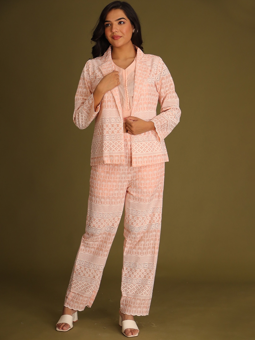 

ZARI Embroidered Long Sleeve Co-Ords Set With Blazer, Peach