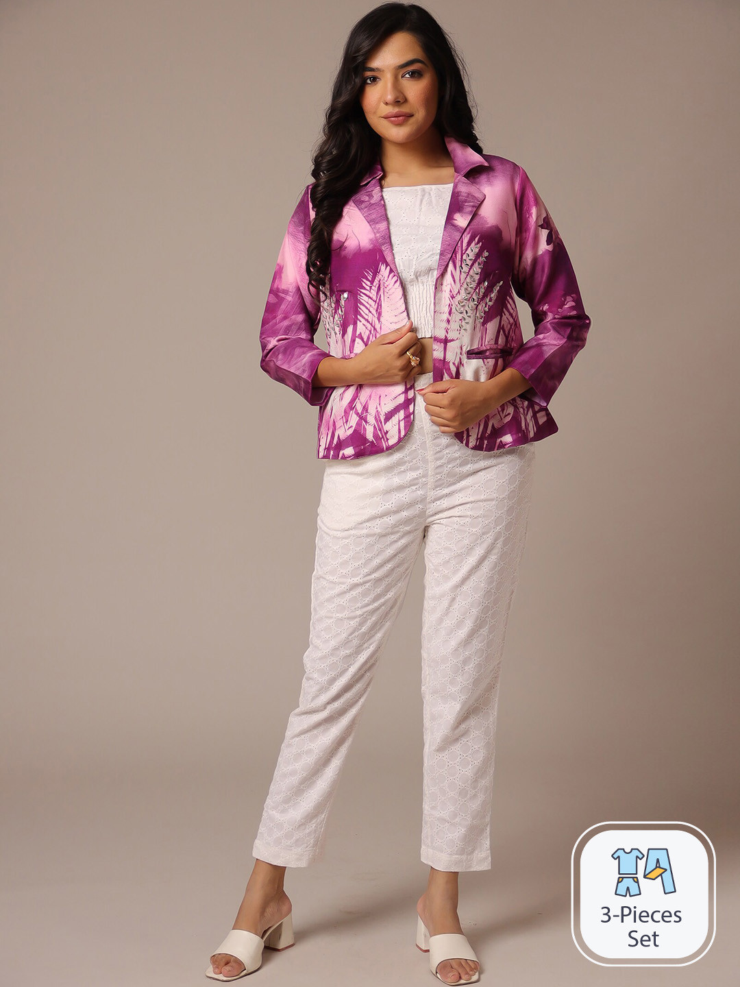 

ZARI Self Design Top With Trousers & Blazer, White