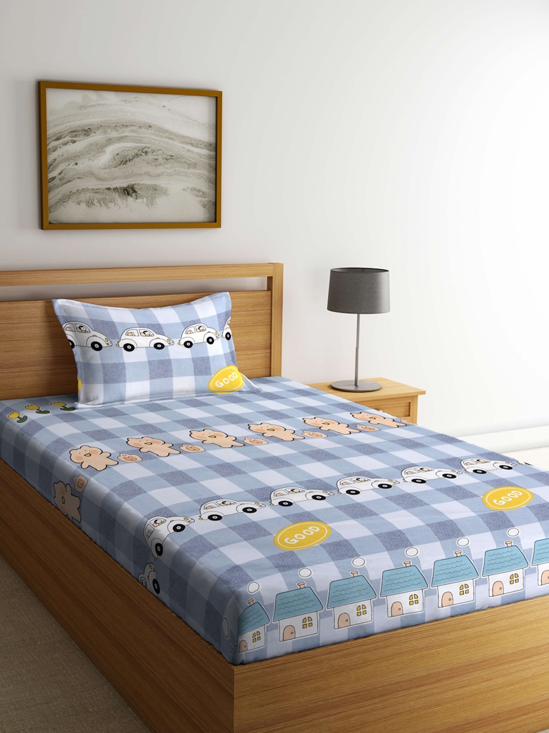 

KLOTTHE Blue & White Printed Cotton 300TC Fitted Single Bedsheet With Pillow Cover