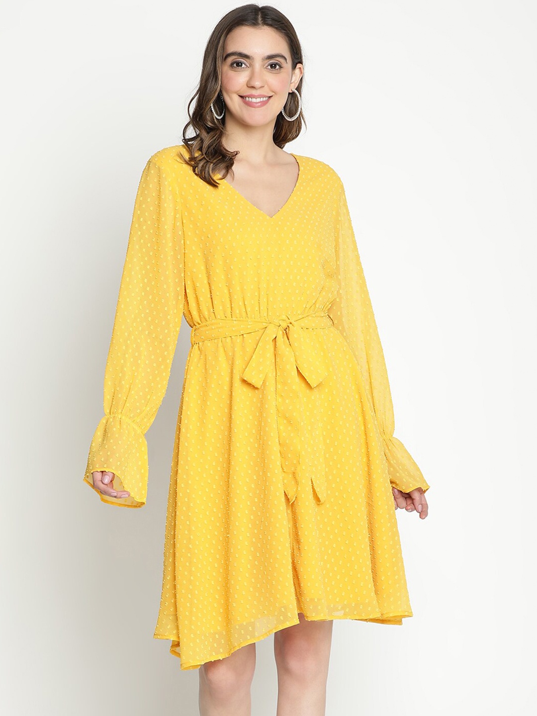 

DRAAX Fashions Self Design Cuffed Sleeves Crepe A-Line Dress, Yellow