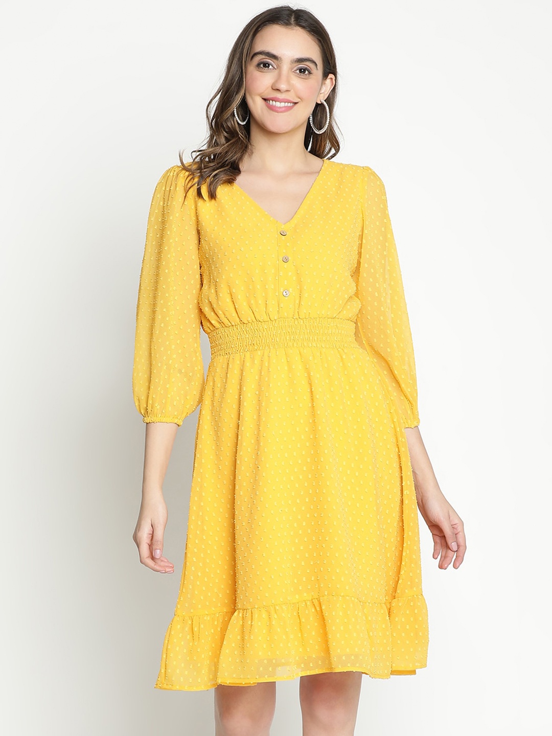 

DRAAX Fashions Geometric Self Design V-Neck Puff Sleeves Fit & Flare Dress, Yellow