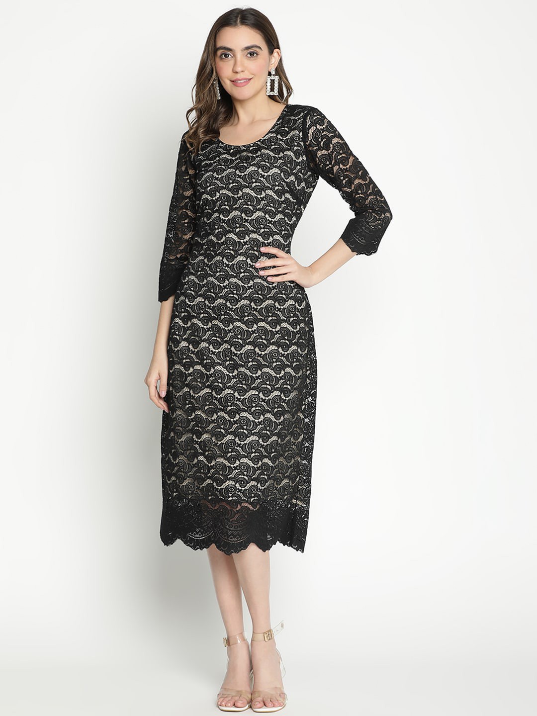 

DRAAX Fashions Self Design Lace Detail A-Line Midi Dress, Black