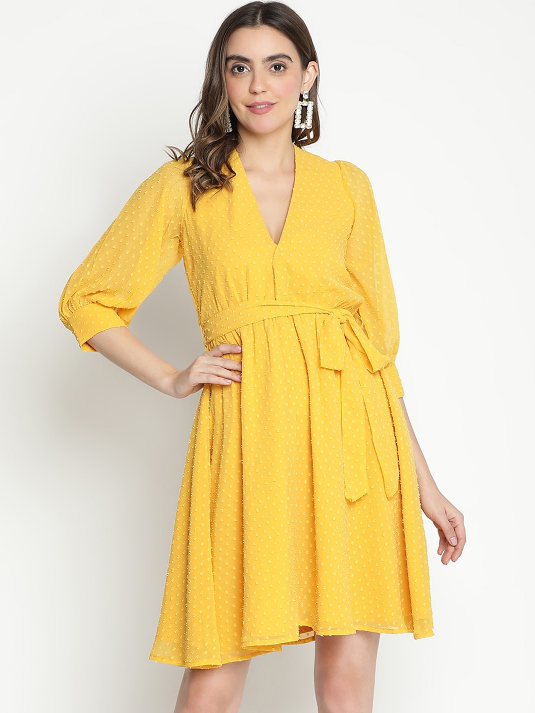 

DRAAX Fashions Puff Sleeve Crepe Fit & Flare Dress, Yellow