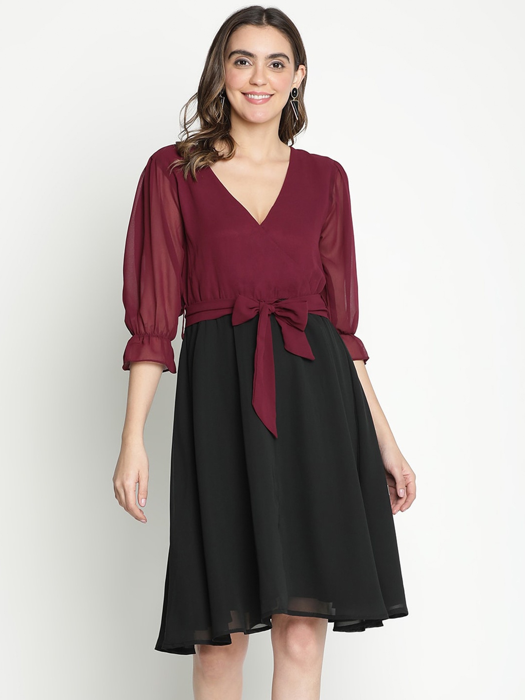 

DRAAX Fashions Colourblocked V-Neck Puffed Sleeves Fit & Flare Dress, Burgundy