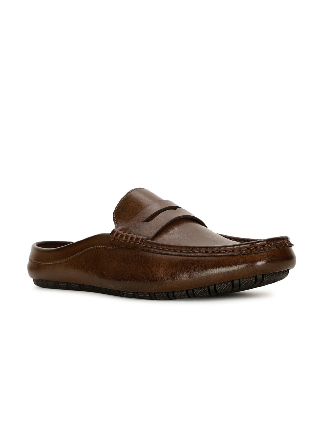 

Bata Men Round Toe Open Back Penny Loafers, Brown