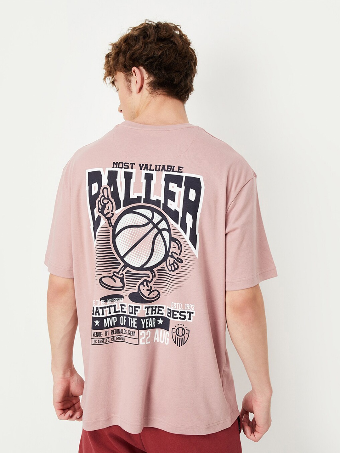 

max Graphic Printed Drop Shoulder Sleeves Oversized T-shirt, Pink