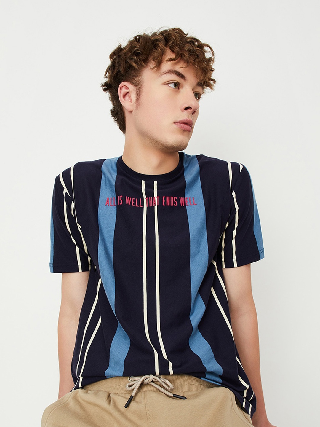 

max Striped Pure Cotton T-shirt, Navy blue