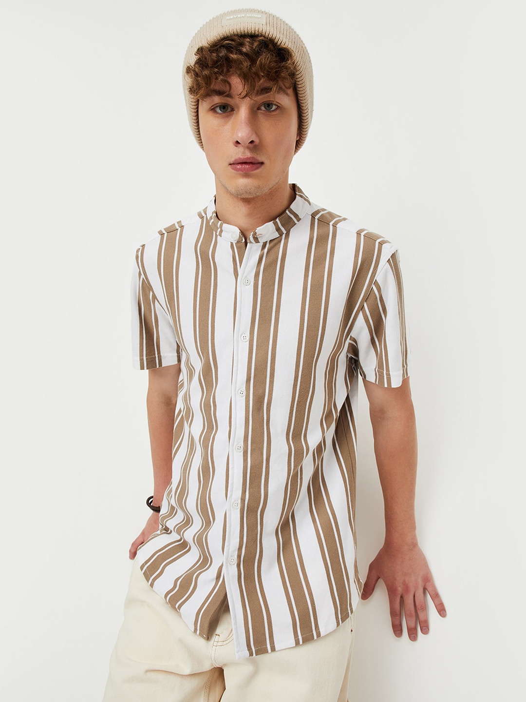 

max Vertical Striped Mandarin Collar Casual, Mustard