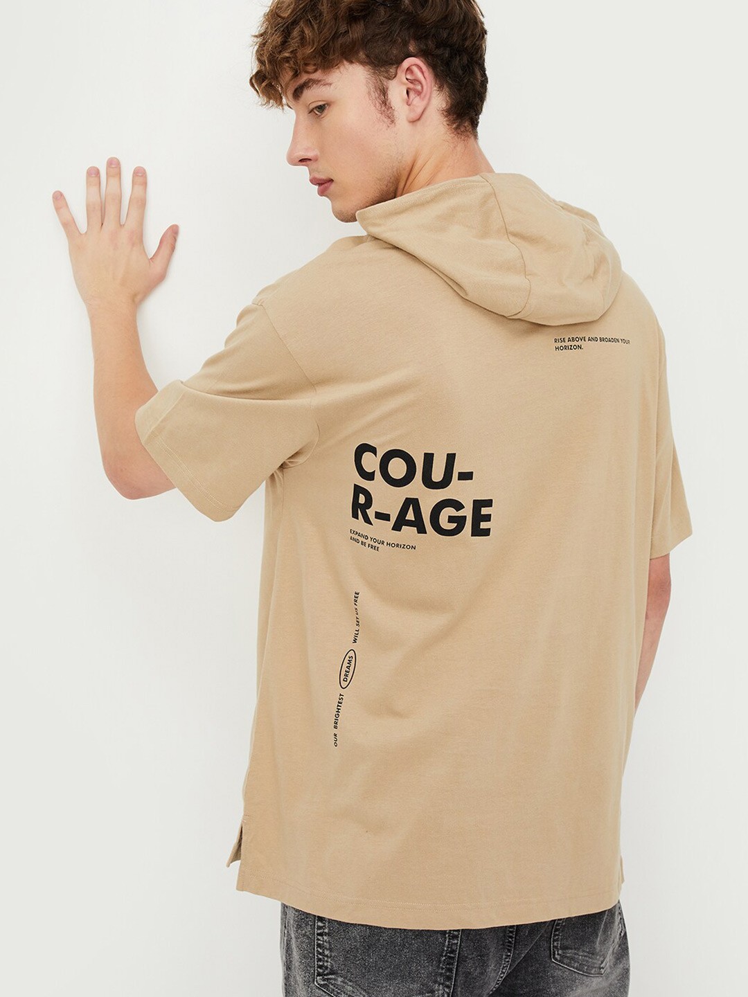 

max Typography Printed Hooded Drop-Shoulder Sleeves Pure Cotton T-shirt, Beige
