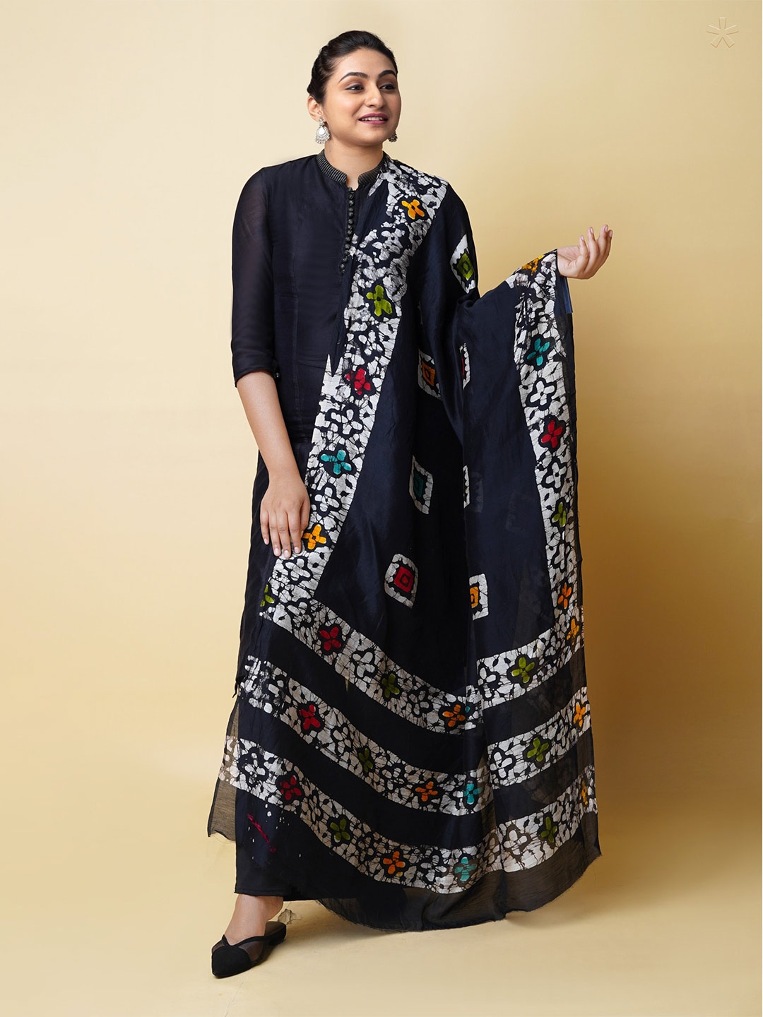 

Unnati Silks Ethnic Motifs Printed Cotton Silk Batik Dupatta, Black