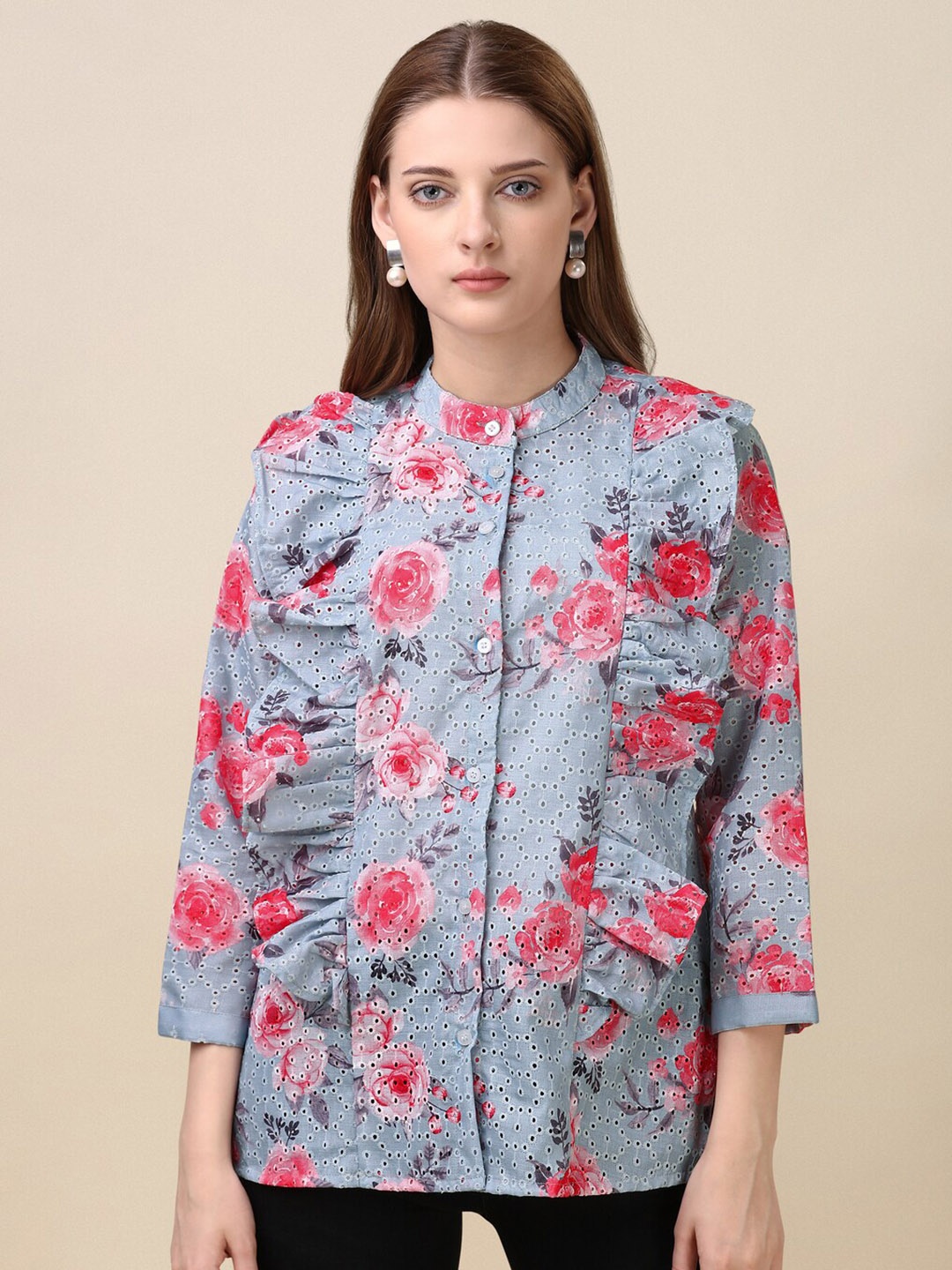 

GUFRINA Floral Printed Band Collar Ruffles Shirt Style Top, Grey