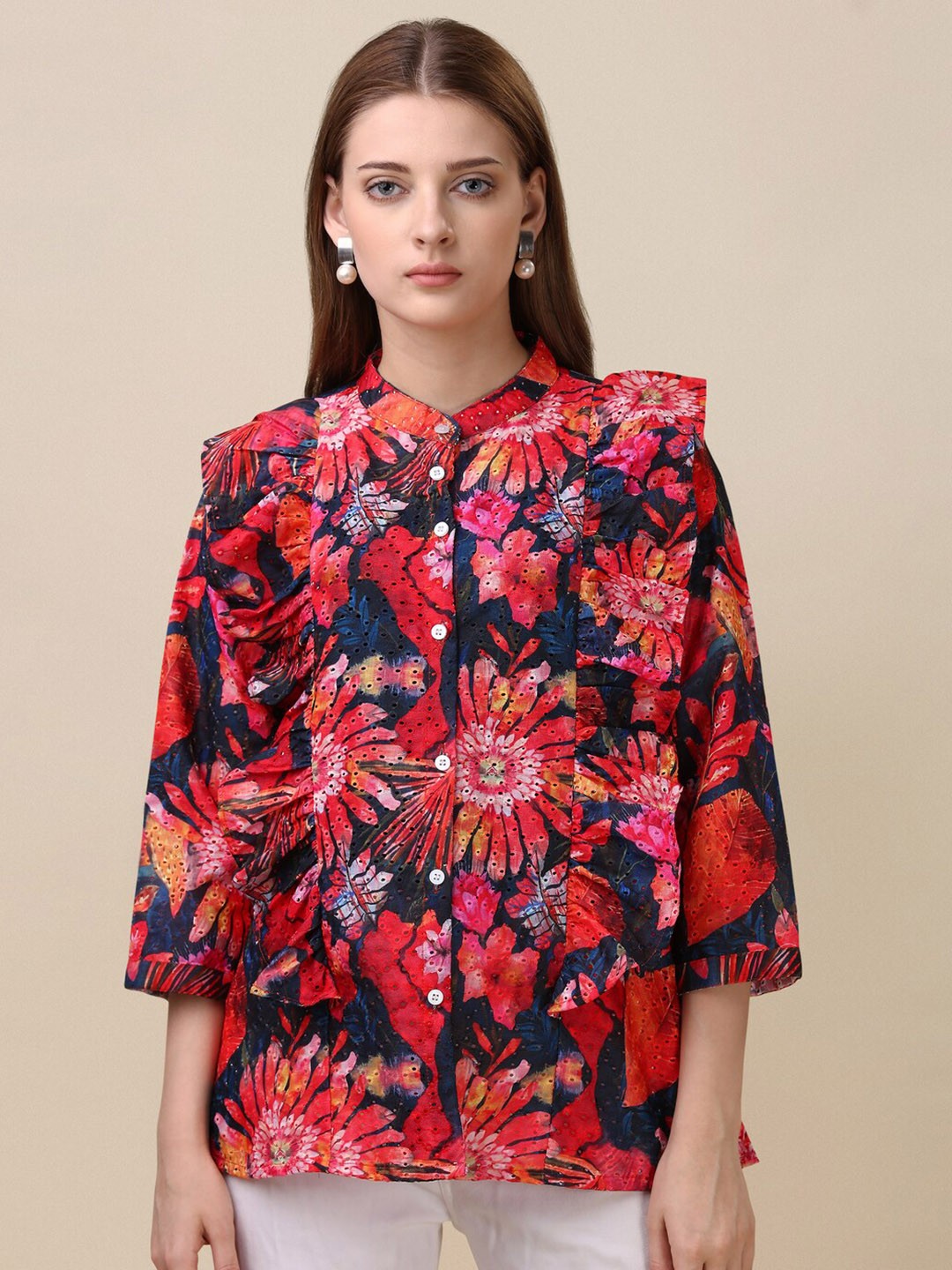 

GUFRINA Floral Printed Band Collar Ruffles Schiffli Top, Red