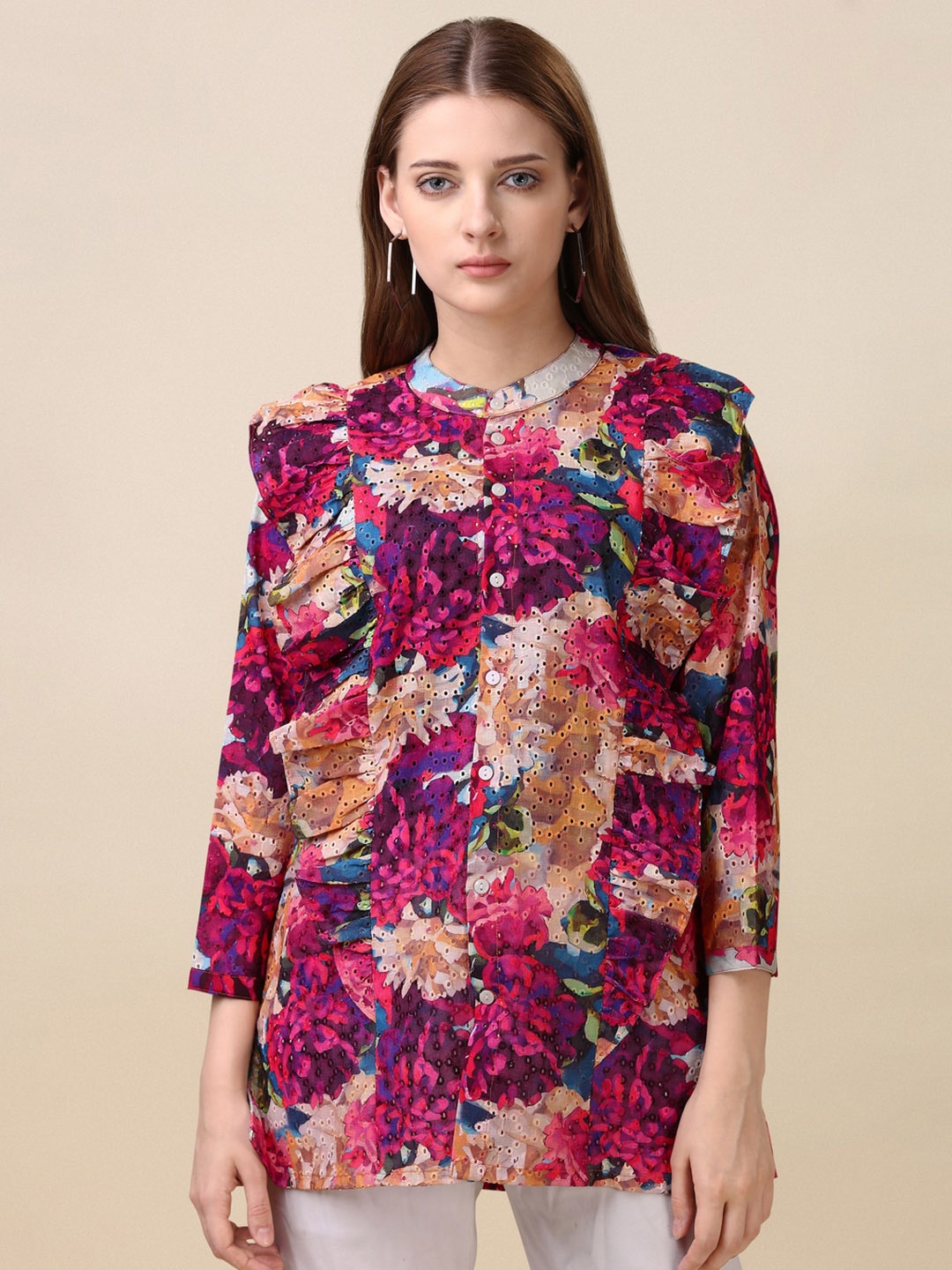 

GUFRINA Floral Printed Band Collar Ruffles Schiffli Shirt Style Top, Pink