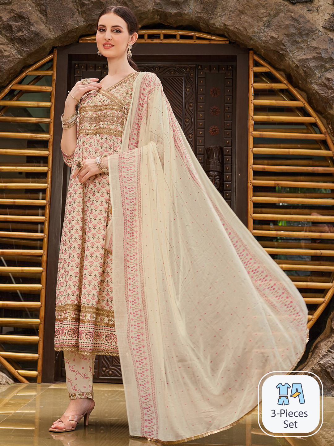 

Berrylicious Ethnic Motifs Printed V-Neck Thread Work Pure Cotton A-Line Kurta Set, Cream