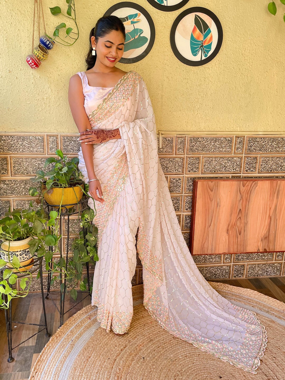 

Mitera Pink & Silver-Toned Embellished Saree