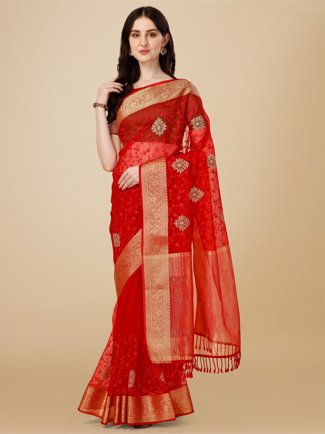 

Mitera Maroon and Gold Toned Floral Embroidered Organza Saree