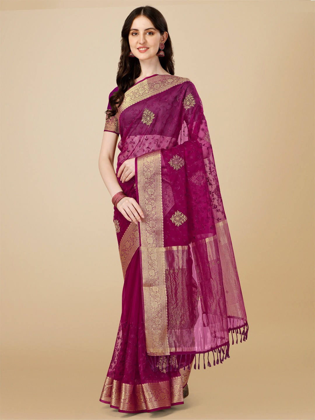

Mitera Floral Embroidered Organza Saree, Purple