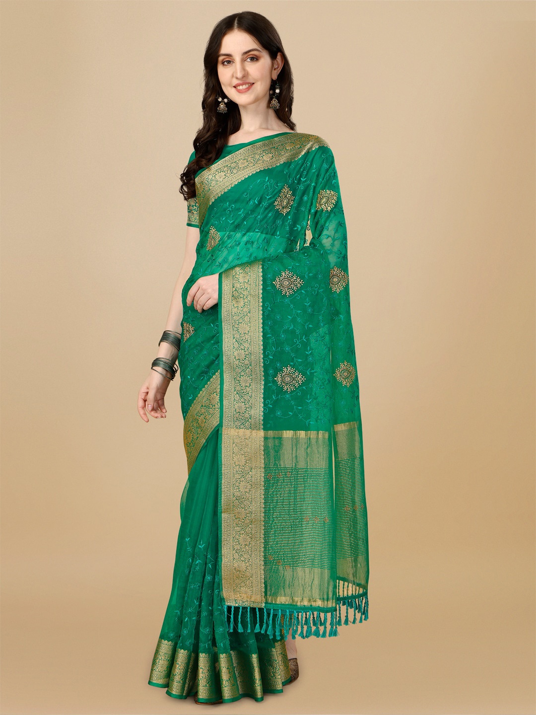 

Mitera Floral Embroidered Organza Saree, Green
