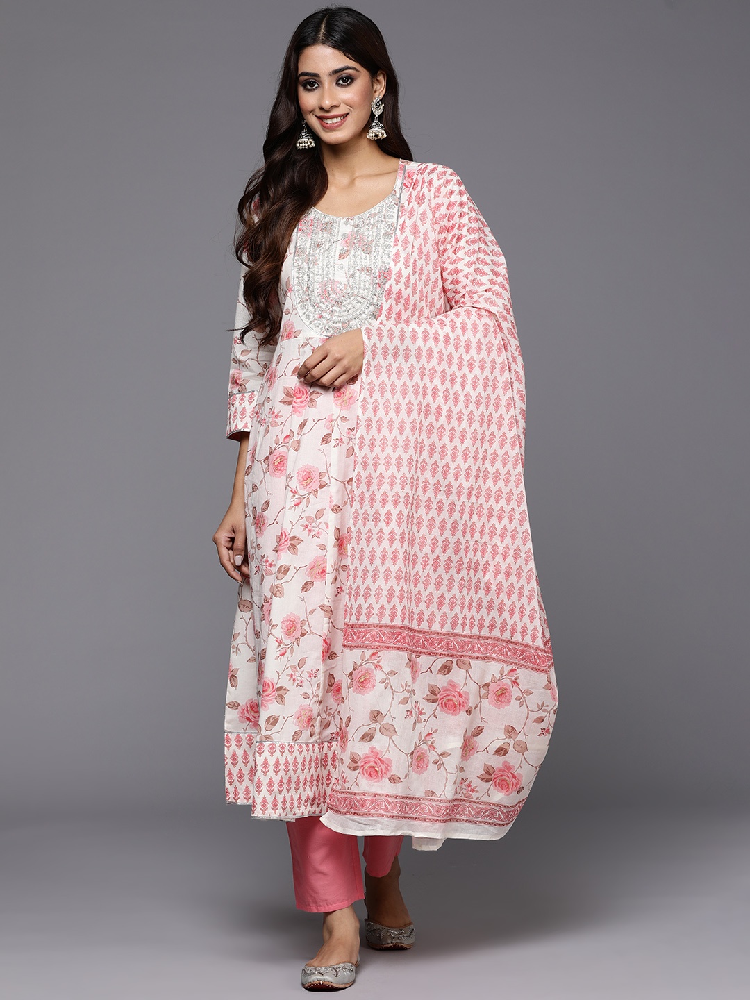 

Indo Era Women Floral Embroidered Sequinned Pure Cotton Kurta with Trousers & With Dupatta, Off white