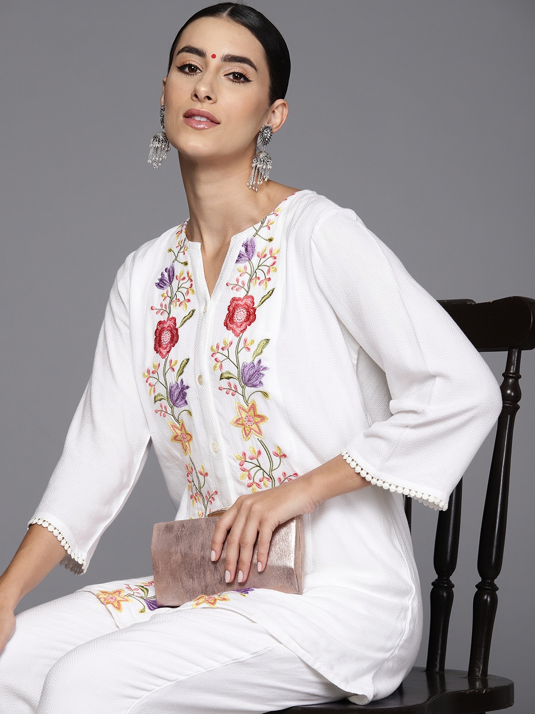 

Indo Era Self Design Floral Embroidered Tunic & Trousers Co-Ords Set, White