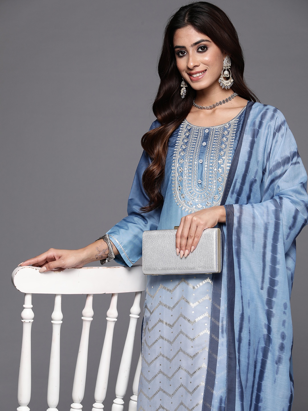 

Indo Era Women Embroidered Regular Sequined Kurta with Trousers & Dupatta, Blue