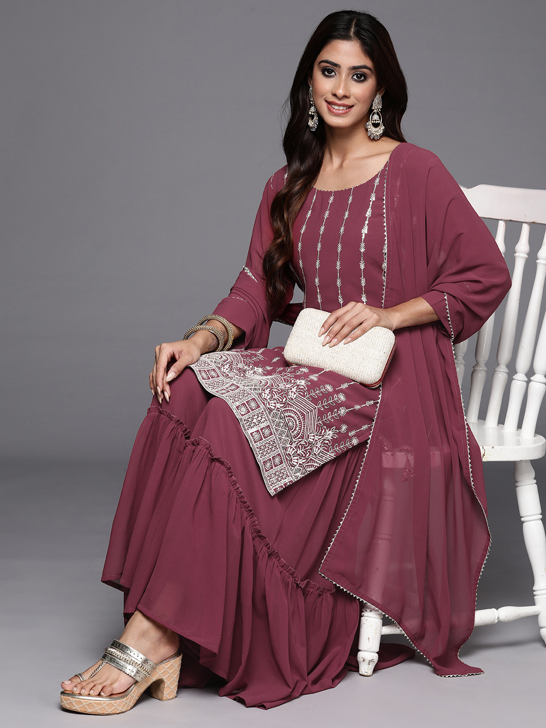 

Indo Era Women Embroidered Regular Sequined Kurta with Sharara & Dupatta, Mauve