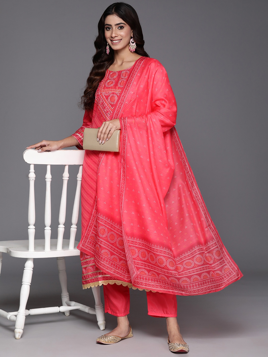 

Indo Era Women Bandhani Embroidered Regular Mirror Work Kurta with Trousers & Dupatta, Pink