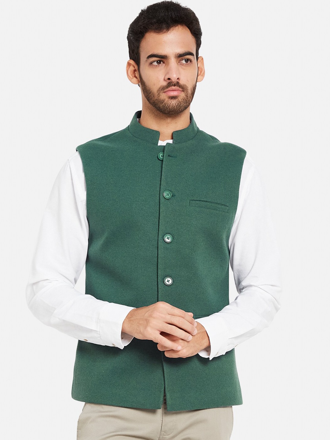 

METTLE Cotton Linen Nehru Jacket, Green