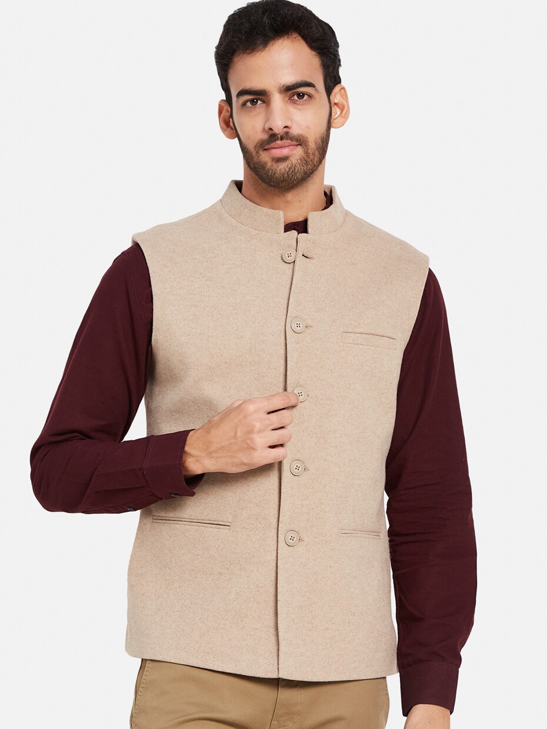 

METTLE Cotton Linen Nehru Jacket, Cream