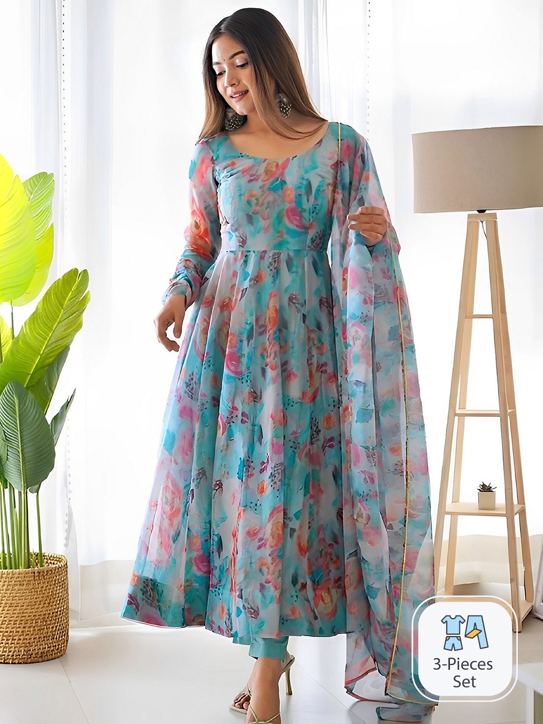 

KALINI Floral Printed Panelled Anarkali Kurta & Trousers With Dupatta, Blue
