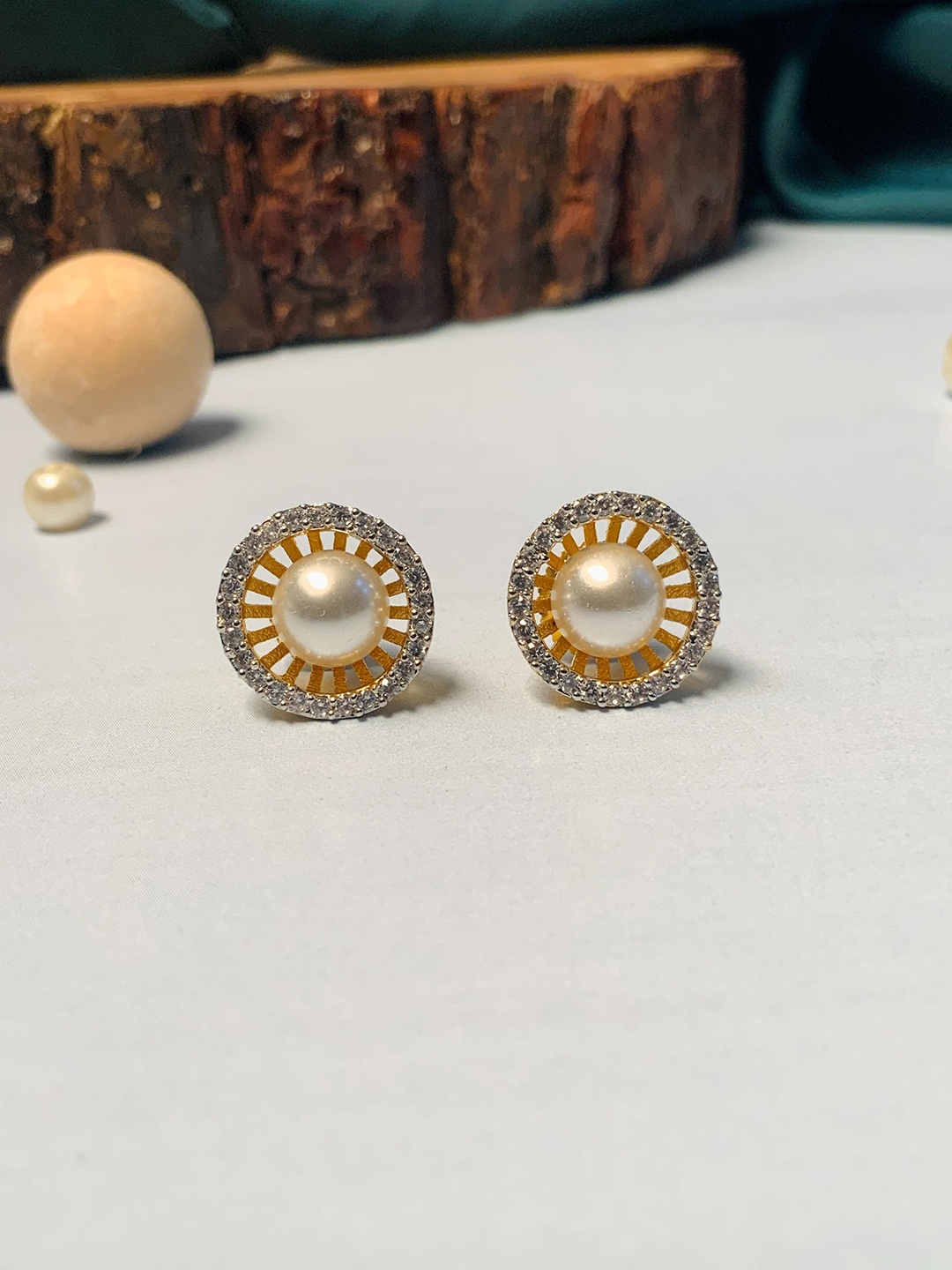 

ABDESIGNS Gold-Plated Pearl Studded Circular Shaped Studs Earrings