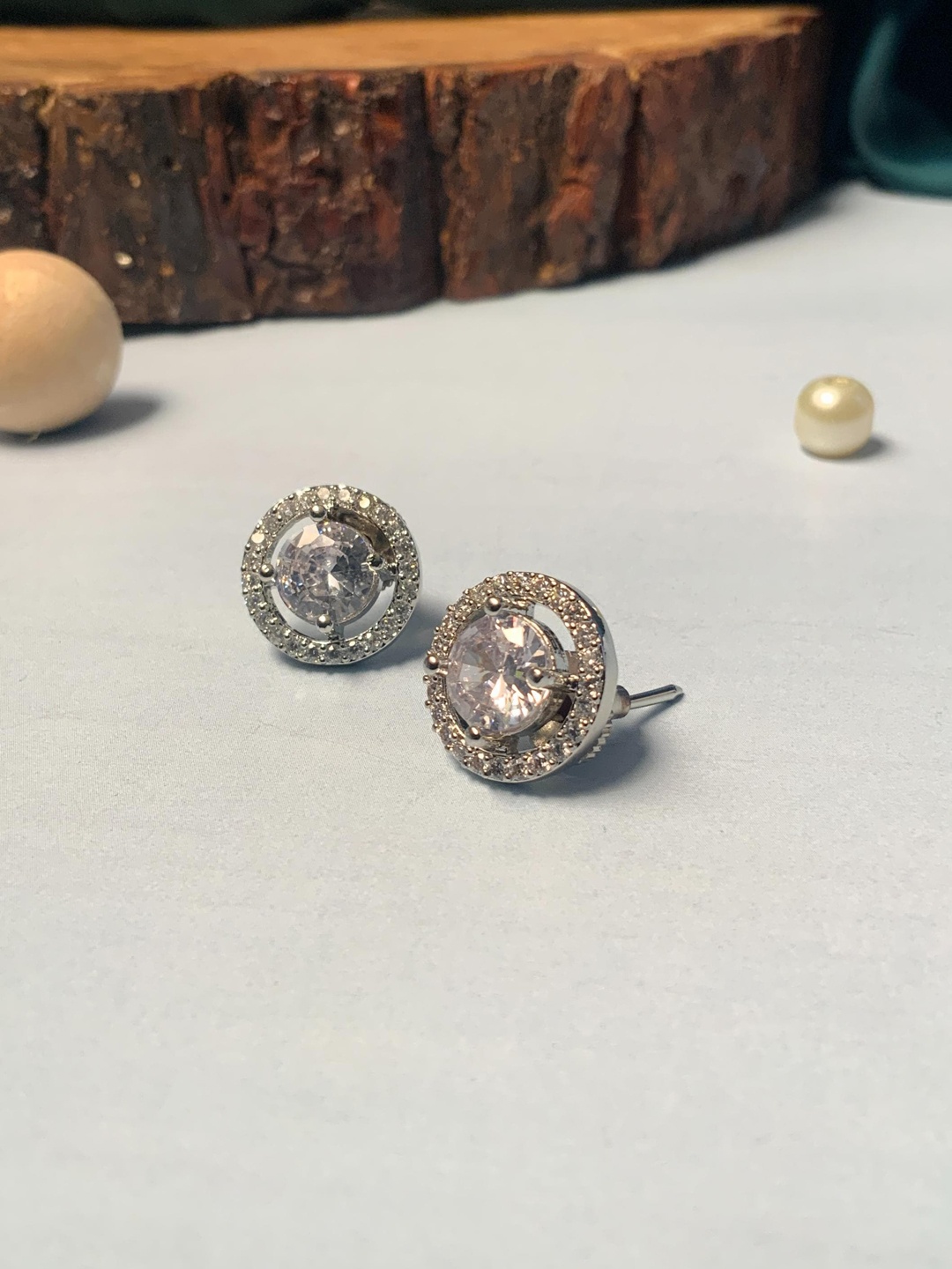 

ABDESIGNS Silver Plated American Diamond Studded Circular Shaped Studs Earrings