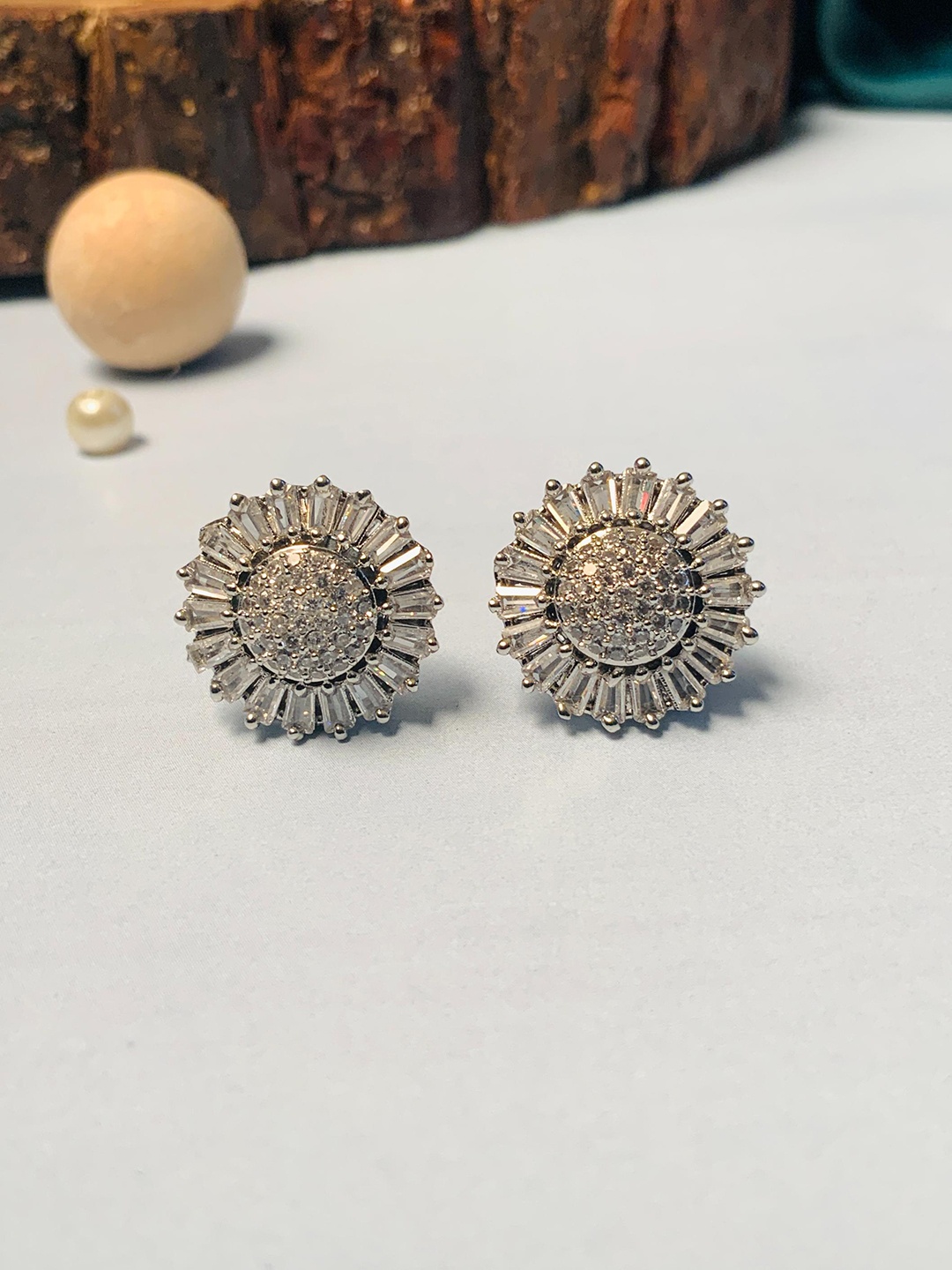 

ABDESIGNS Silver Plated American Diamond Studded Classic Studs Earrings