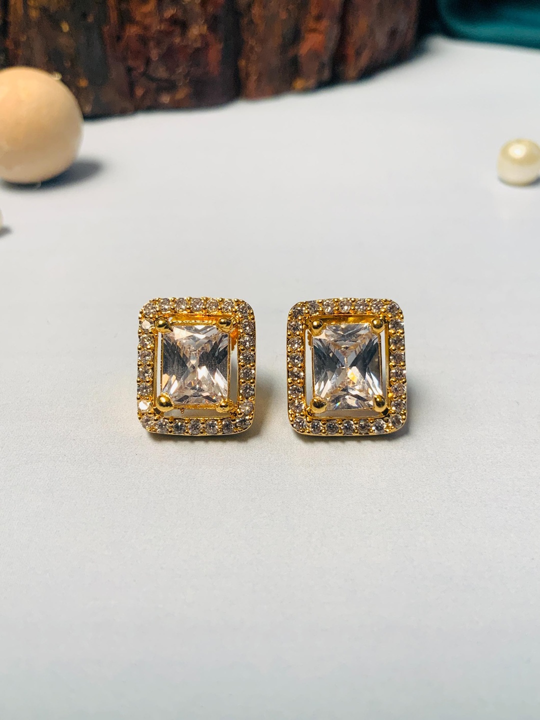

ABDESIGNS Gold-Plated Square Shaped American Diamond Studs Earrings