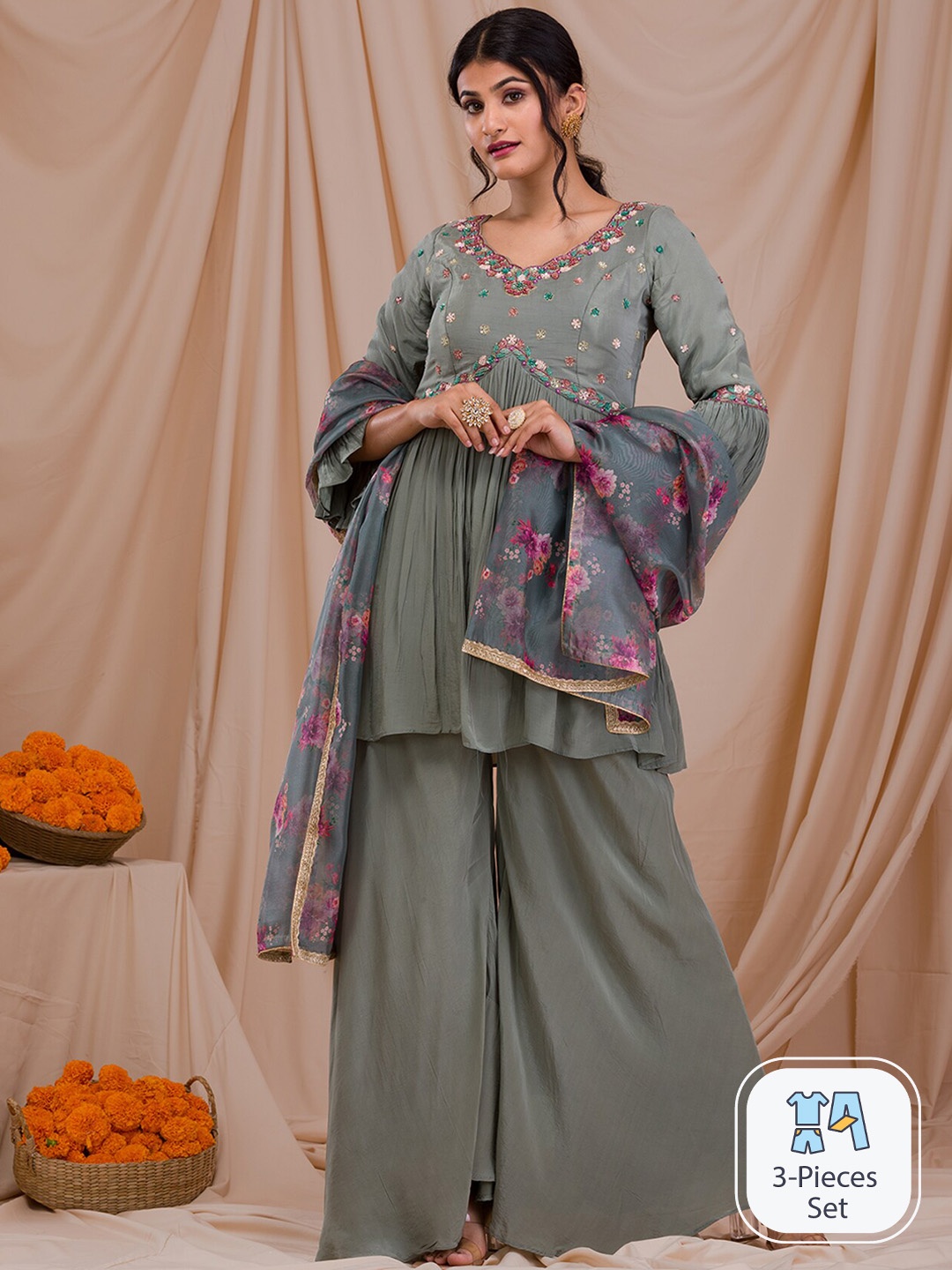 

Koskii Floral Embroidered Empire Kurti With Palazzos & Dupatta, Grey