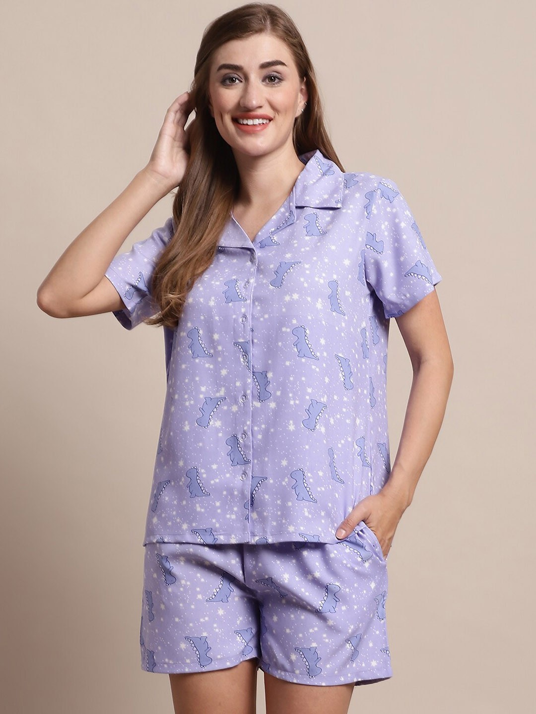

Katn India Conversational Printed Lapel Collar Night suit, Blue