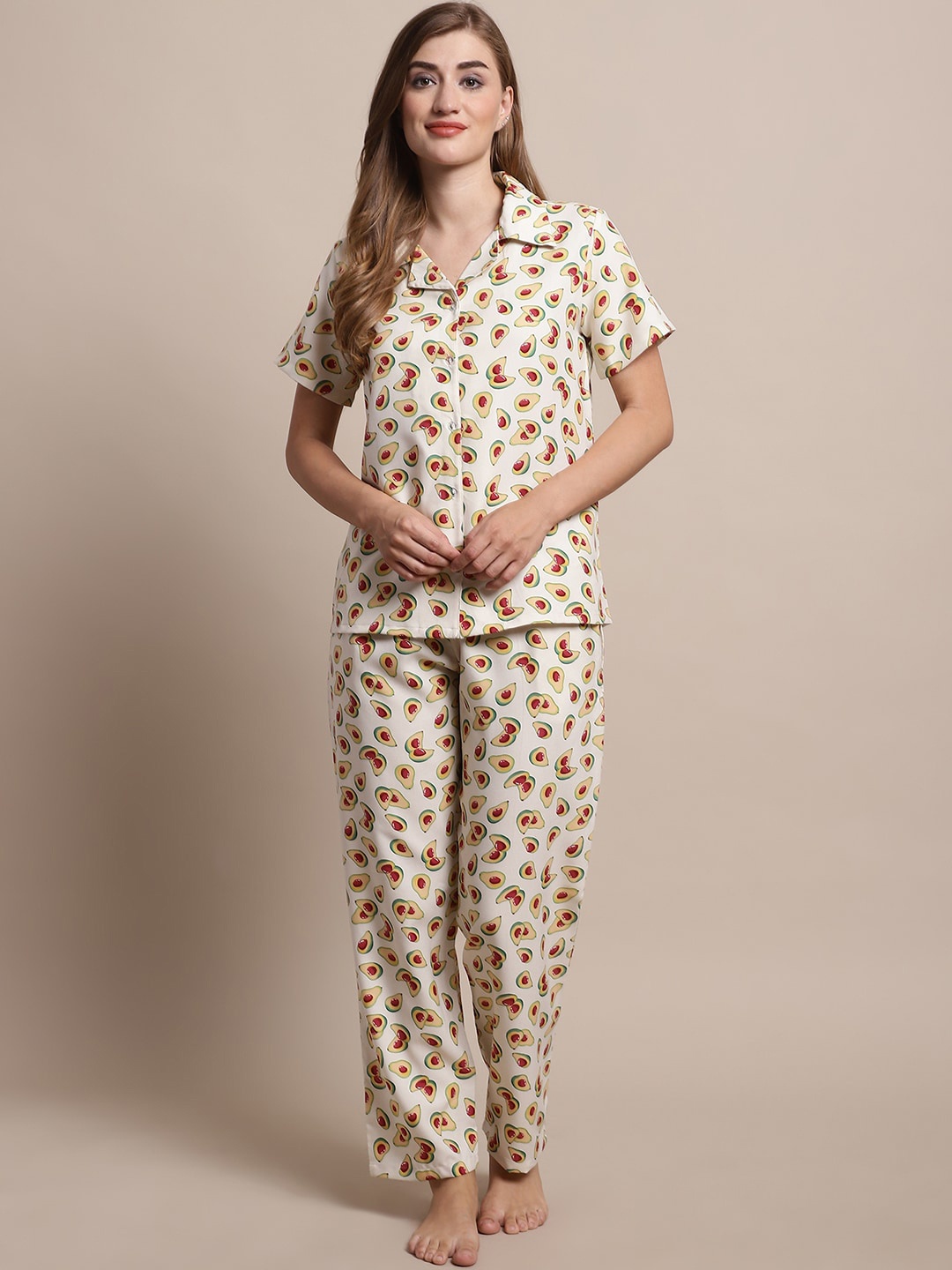 

Katn India Graphic Printed Lapel Collar Night suit, Off white