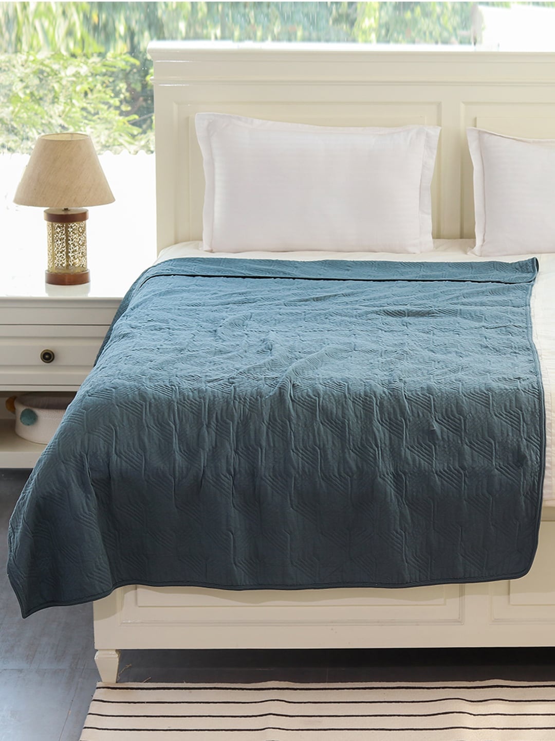 

Pluchi Blue Striped AC Room 350 GSM Single Bed Quilt