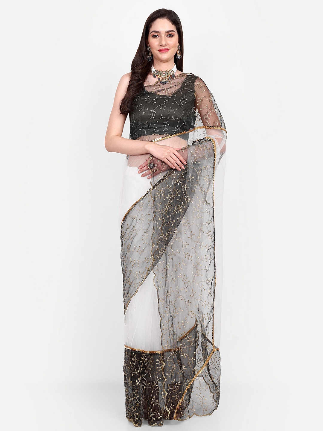 

BARKIYA CREATION Floral Embroidered Sequinned Net Saree, White