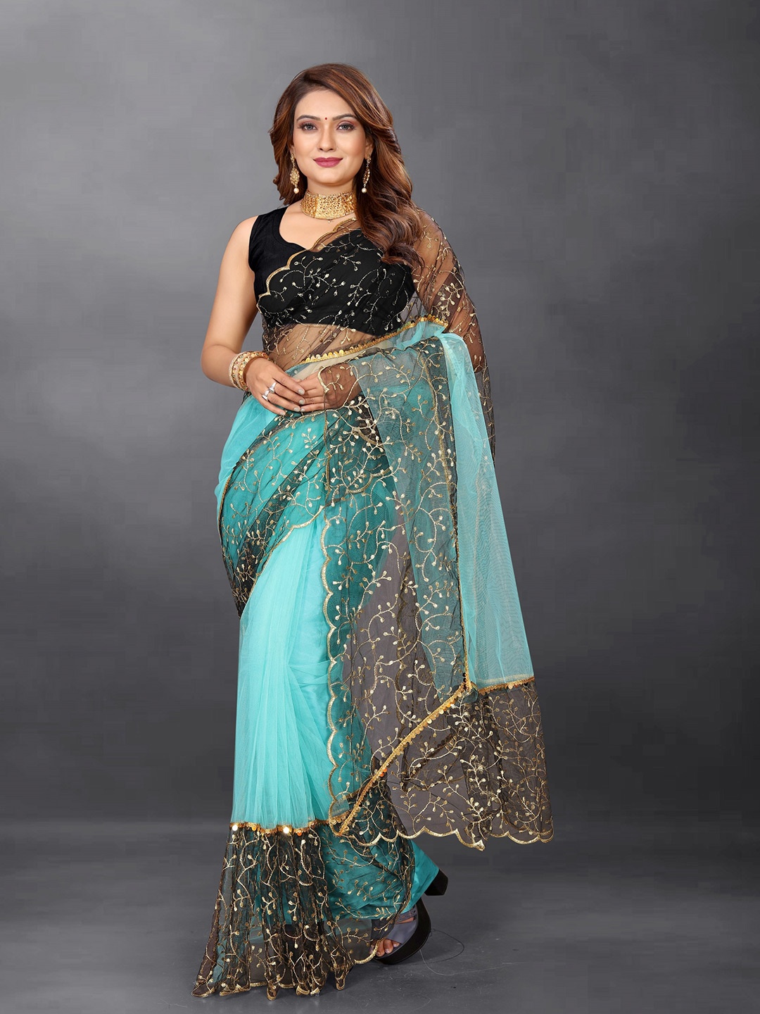 

BARKIYA CREATION Ethnic Motifs Embroidered Net Saree, Turquoise blue