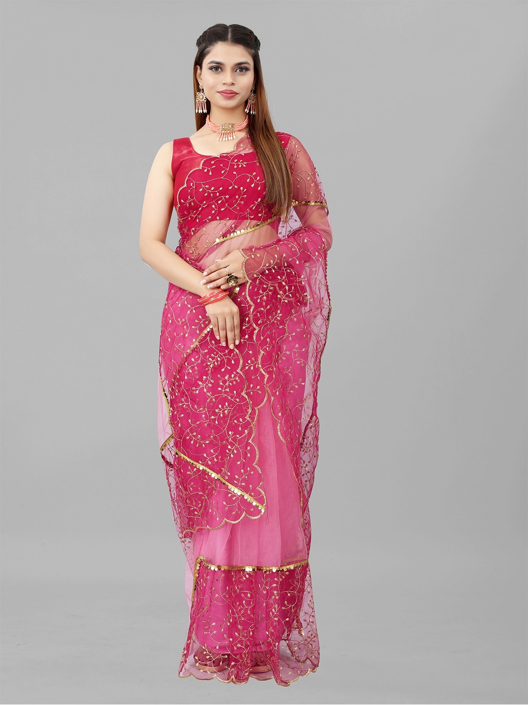 

BARKIYA CREATION Embellished Sequinned Net Saree, Pink