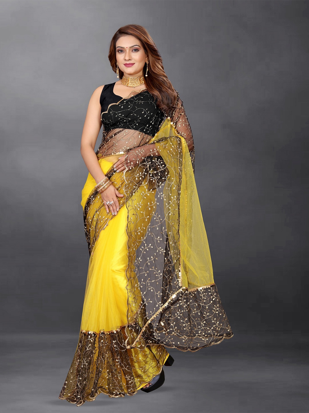 

BARKIYA CREATION Floral Embroidered Embellished Net Saree, Yellow