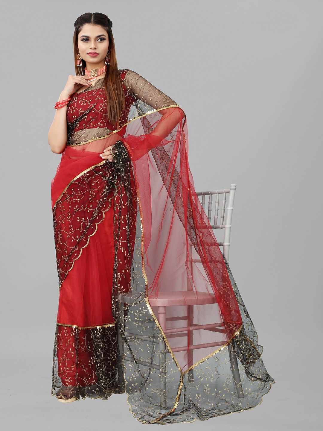 

BARKIYA CREATION Floral Embroidered Saree, Red