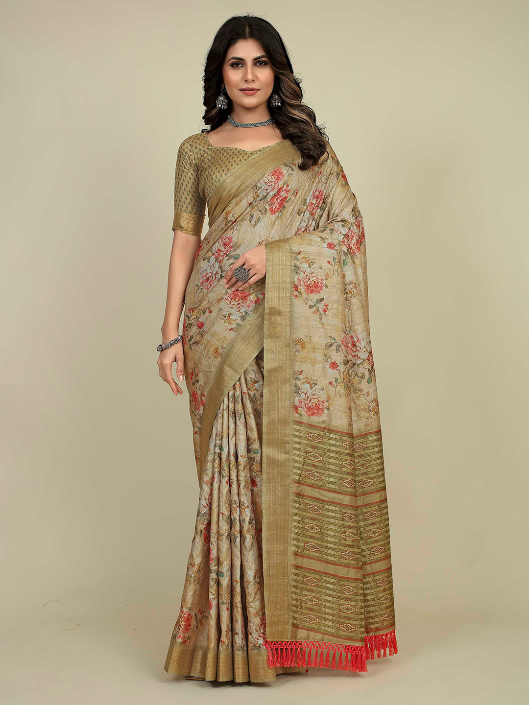 

Mitera Floral Printed Zari Saree, Beige
