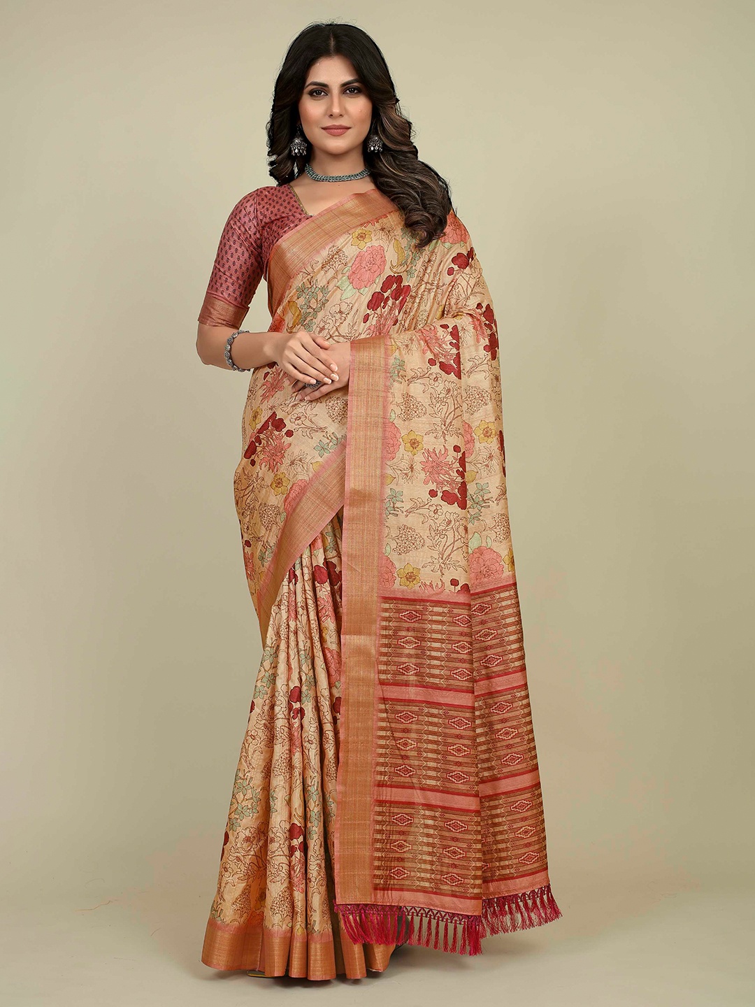 

Mitera Rose Gold & Yellow Floral Printed Zari Saree