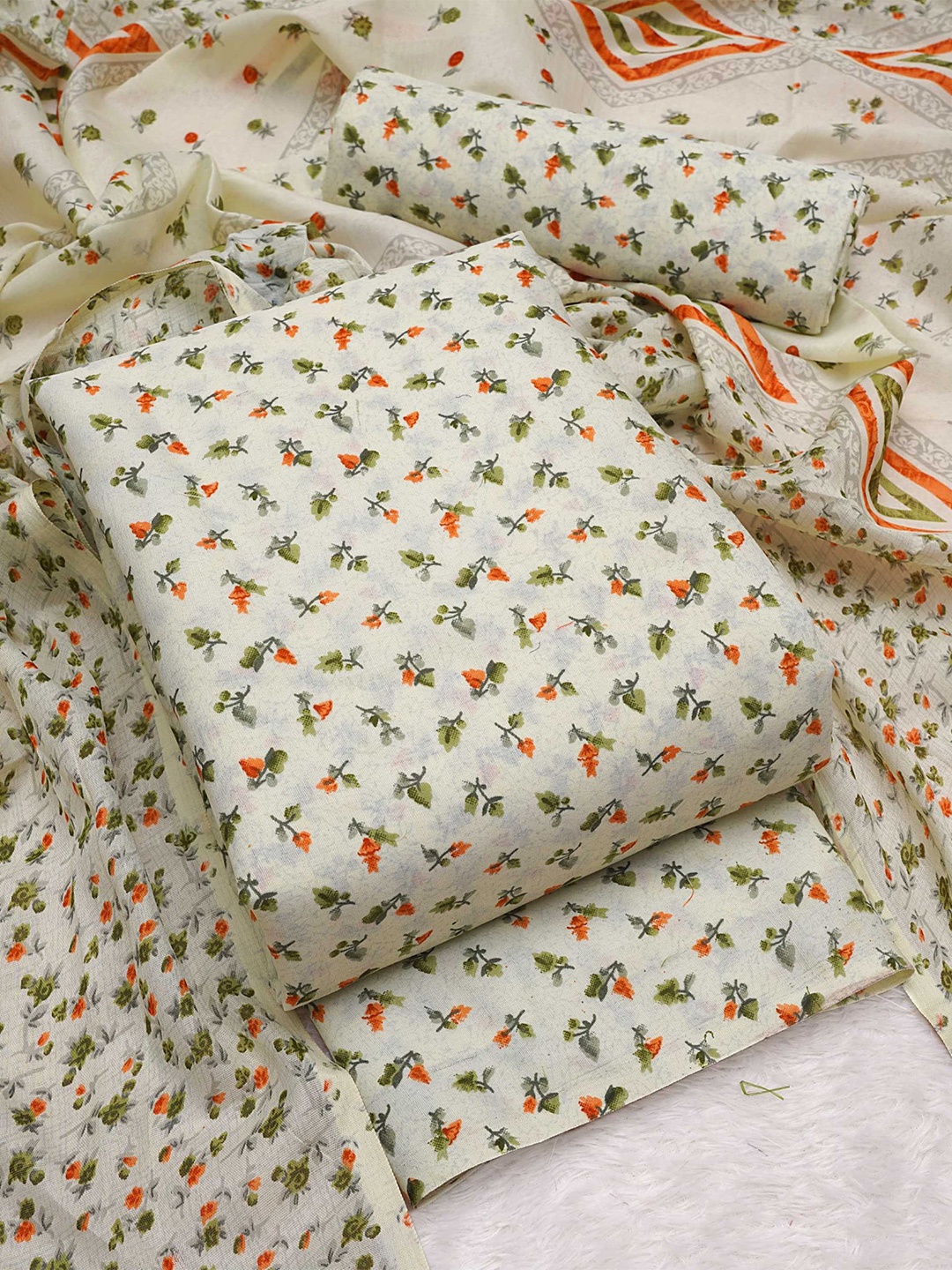 

KALINI Green & Orange Printed Cotton Unstitched Dress Material