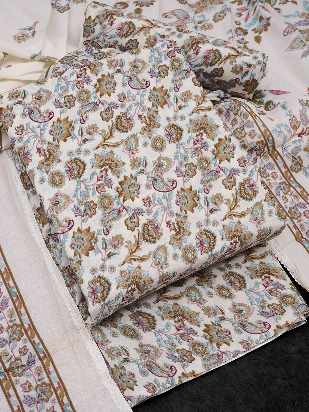 

KALINI Green & White Printed Cotton Unstitched Dress Material