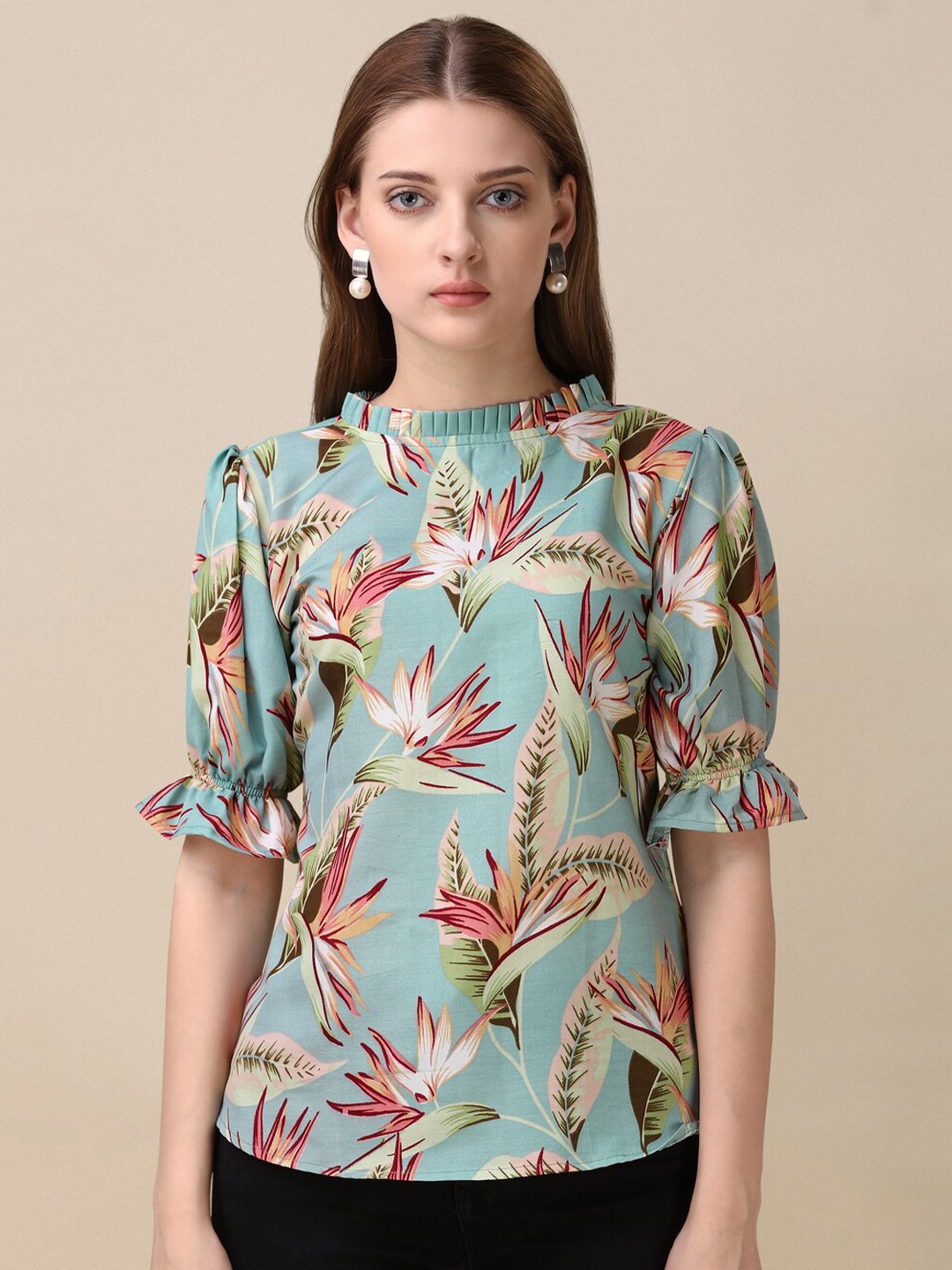 

GUFRINA Blue Floral Printed Regular Top, Sea green